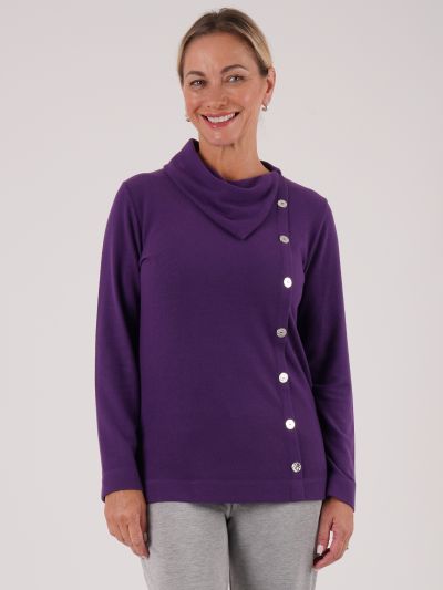 PennyPlain Button Split Cowl Neck Top - Mulberry