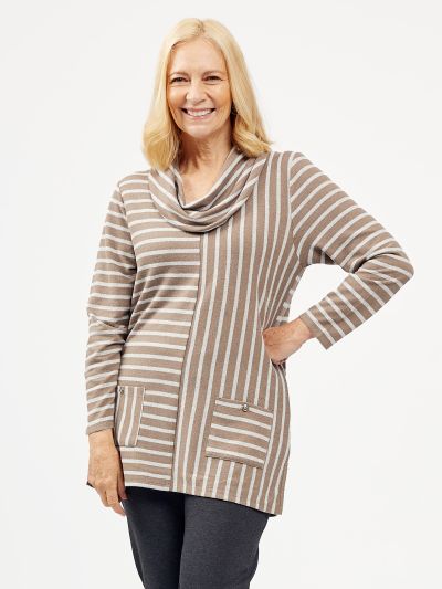 TIGI  Multi Striped Taupe Cowl Neck Tunic