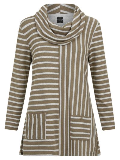 TIGI  Multi Striped Taupe Cowl Neck Tunic