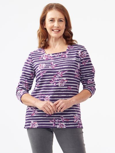 TIGI  Square Neck Floral Striped Top