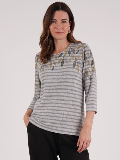 TIGI Leaf Print Stripe Round Neck Top