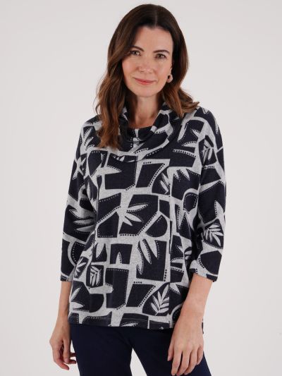 TIGI Geo Leaf Print Chevron Cowl Neck Top