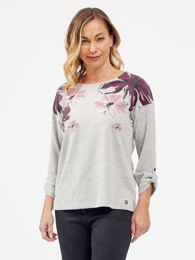 VIZ-A-VIZ  Wine Floral Placement Print Top