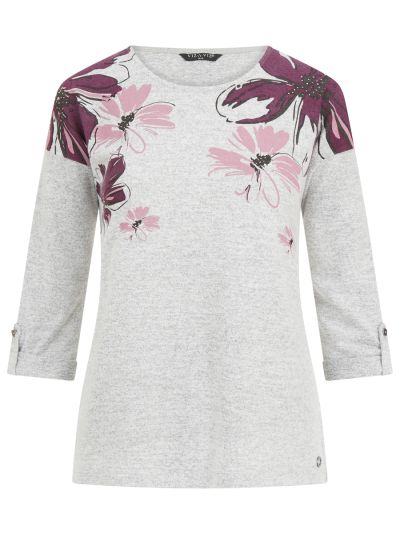 VIZ-A-VIZ  Wine Floral Placement Print Top