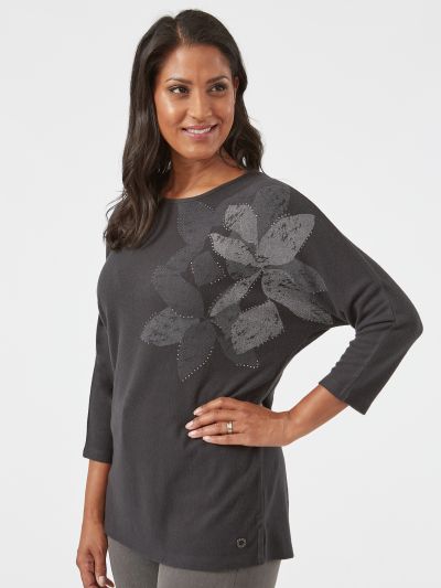 VIZ-A-VIZ  Abstract Floral Placement Print Top