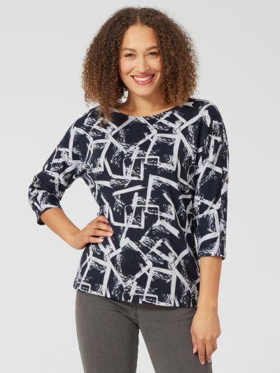 VIZ-A-VIZ Square Abstract Print Top With Stud Detail