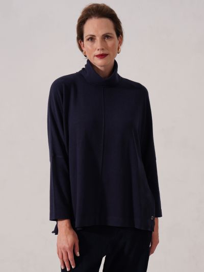 VIZ-A-VIZ Boutique Cowl Neck Long Sleeve Top- Navy