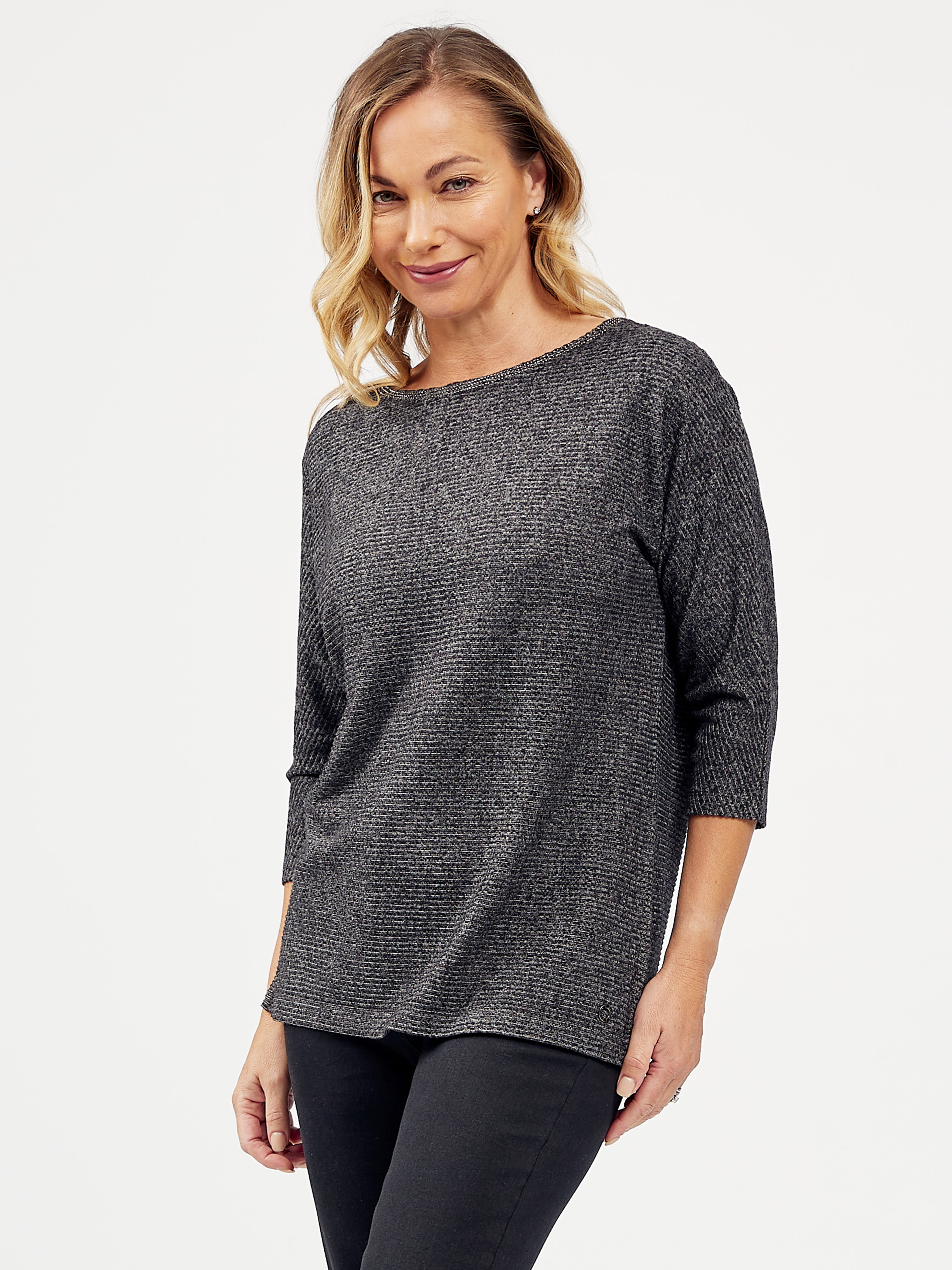 VIZ-A-VIZ Charcoal Ribbed Textured Top